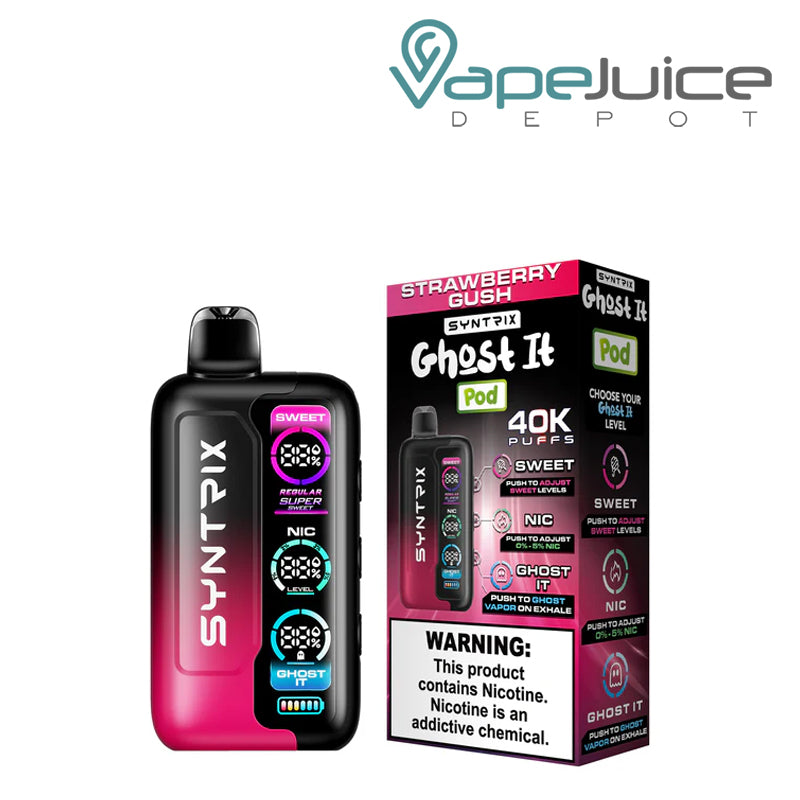 Strawberry Gush OXBAR SYNTRIX Ghost It 40K Disposable and a box with a warning sign next to it - Vape Juice Depot