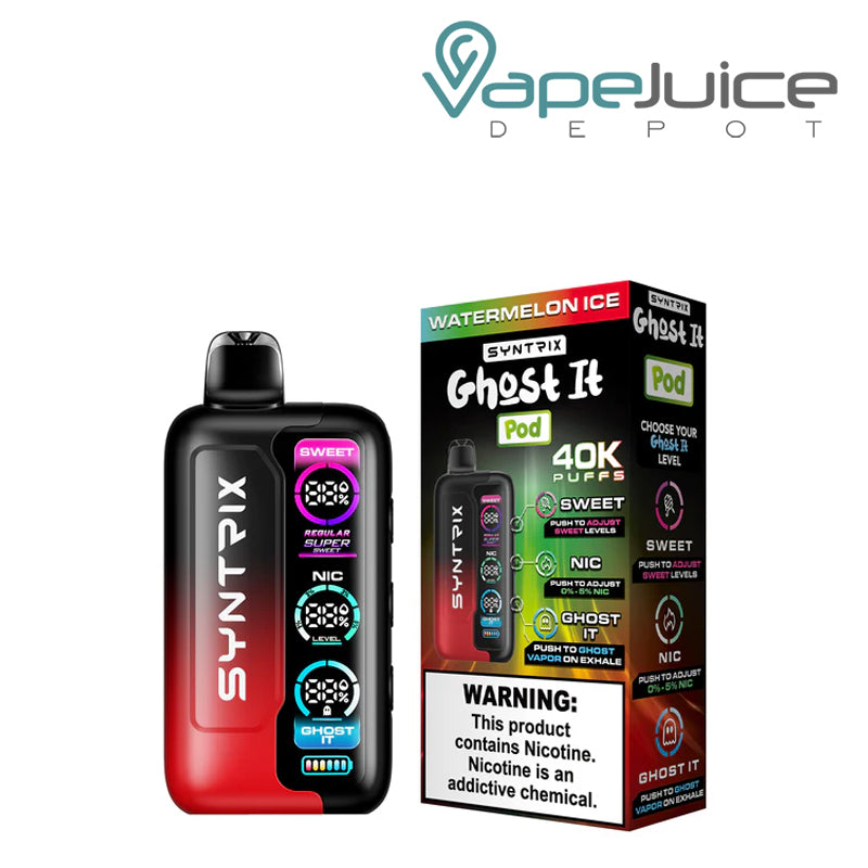 Watermelon Ice OXBAR SYNTRIX Ghost It 40K Disposable and a box with a warning sign next to it - Vape Juice Depot