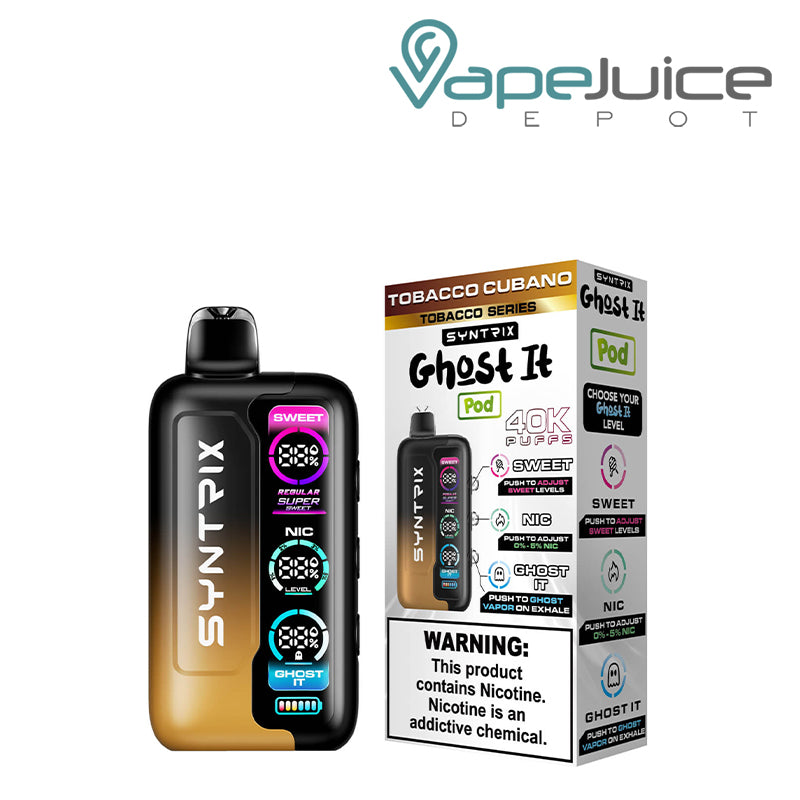 Tobacco Cubano OXBAR SYNTRIX Ghost It 40K Disposable and a box with a warning sign next to it - Vape Juice Depot
