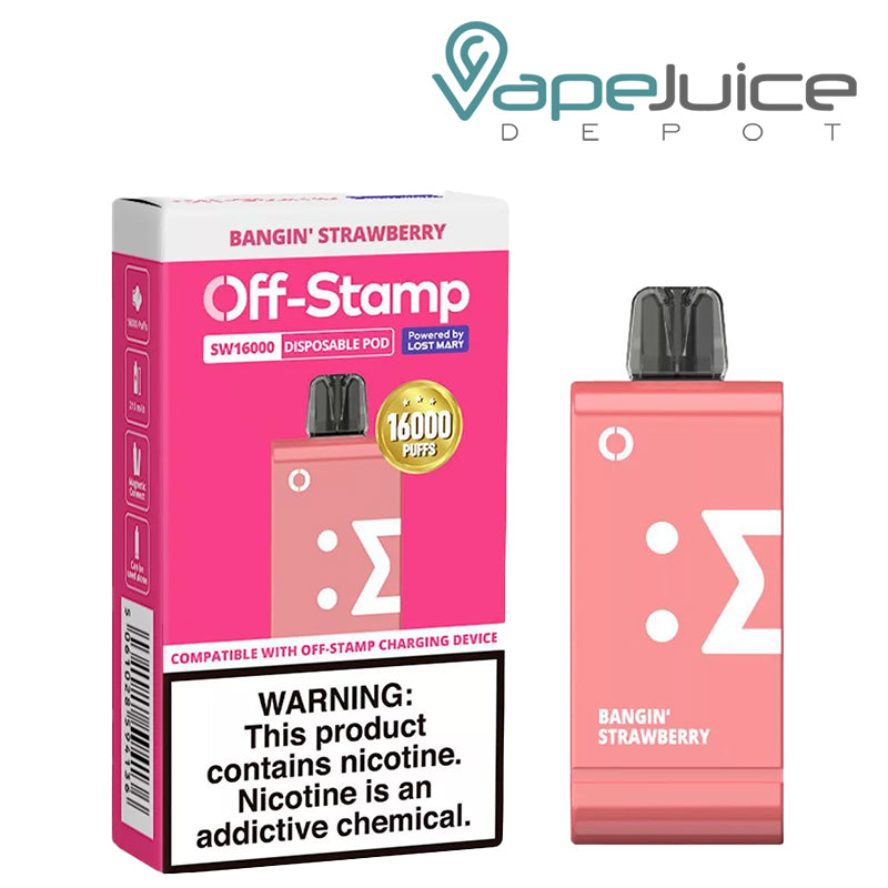 A Box of Bangin Strawberry Off Stamp SW16000 Disposable Pod with a warning sign and a disposable next to it - Vape Juice Depot