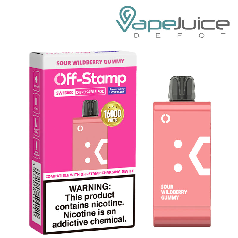 A Box of Sour Wildberry Gummy Off Stamp SW16000 Disposable Pod with a warning sign and a disposable next to it - Vape Juice Depot