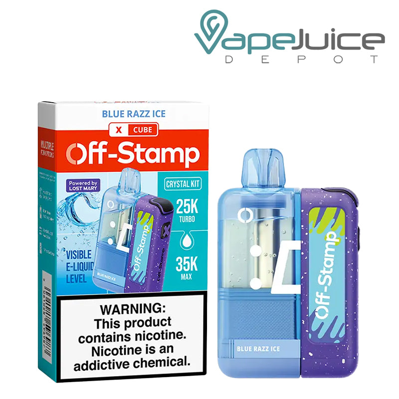A Blue Razz Ice Off-Stamp X Crystal Cube 35K Disposable Kit with a visible e-liquid window, side airflow design, and matching box packaging with nicotine warning – Vape Juice Depot