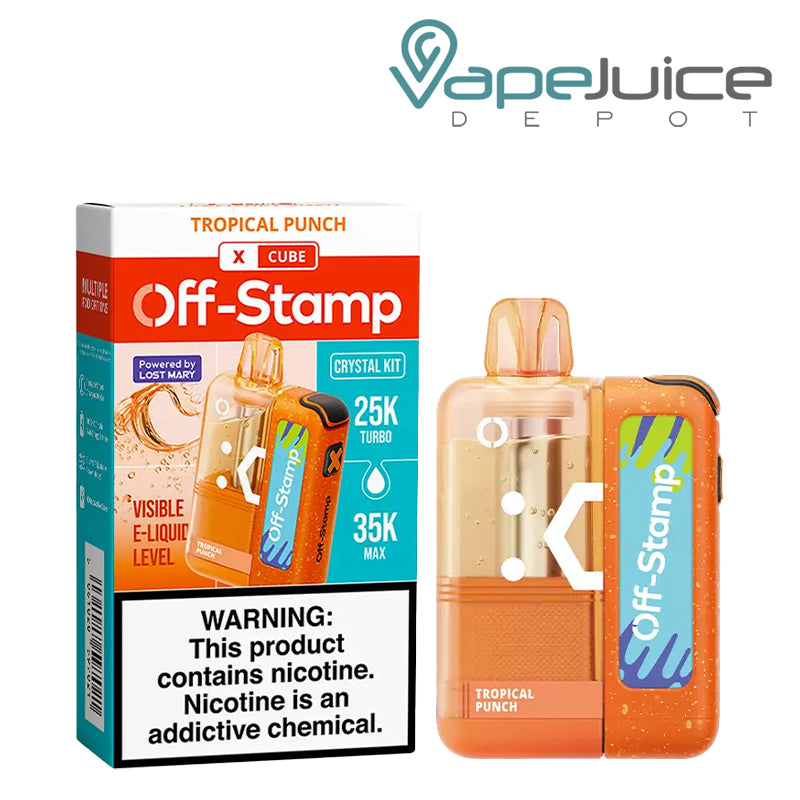 A Tropical Punch Off-Stamp X Crystal Cube 35K Disposable Kit with a visible e-liquid window, side airflow design, and matching box packaging with nicotine warning – Vape Juice Depot