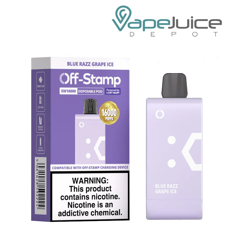 Blue Razz Grape Ice Off Stamp SW16000 Disposable Pod next to its box- Vape Juice Depot