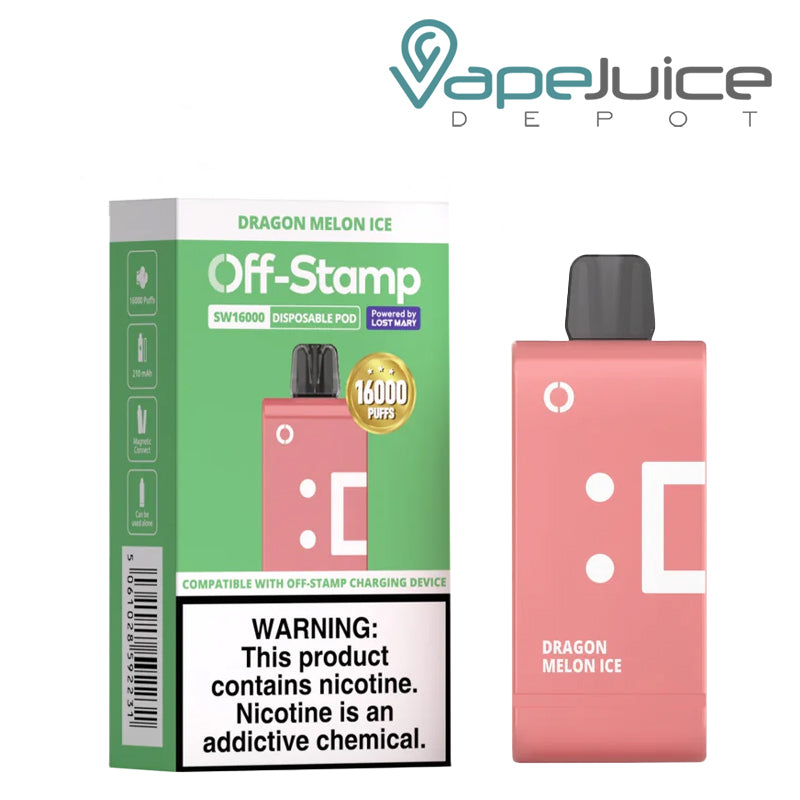 Dragon Melon Ice Off Stamp SW16000 Disposable Pod next to its box - Vape Juice Depot