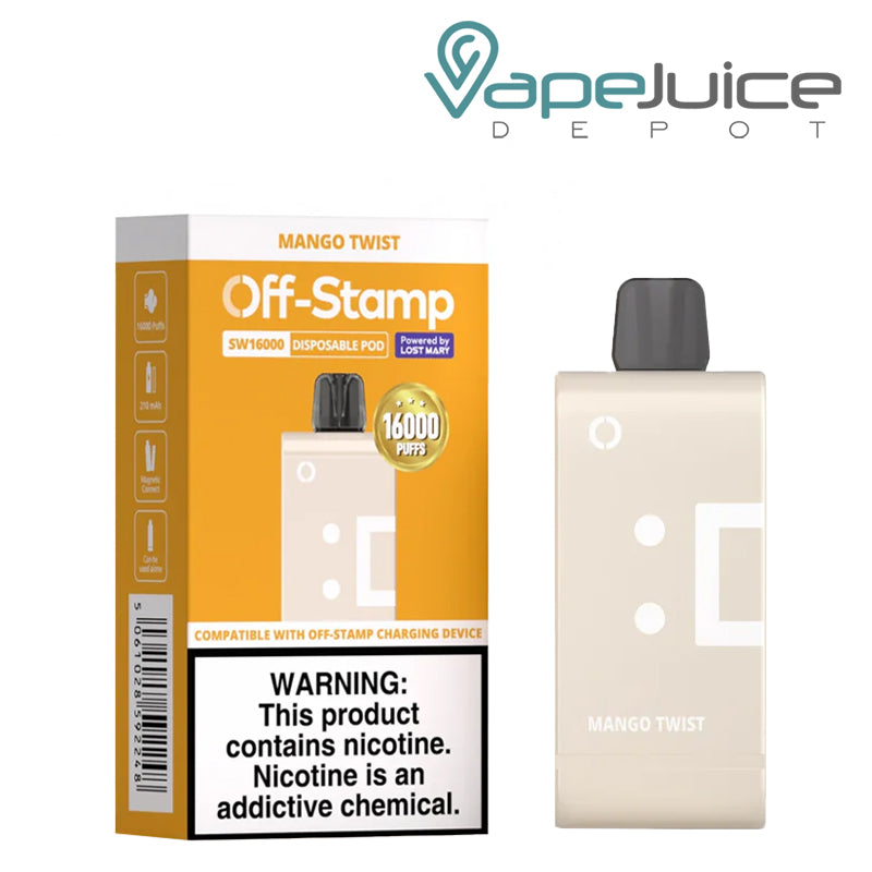 Mango Twist Off Stamp SW16000 Disposable Pod next to its box- Vape Juice Depot