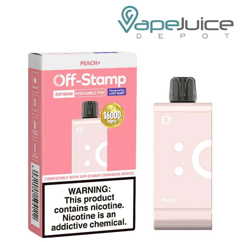 Peach+ Off Stamp SW16000 Disposable Pod next to its box - Vape Juice Depot