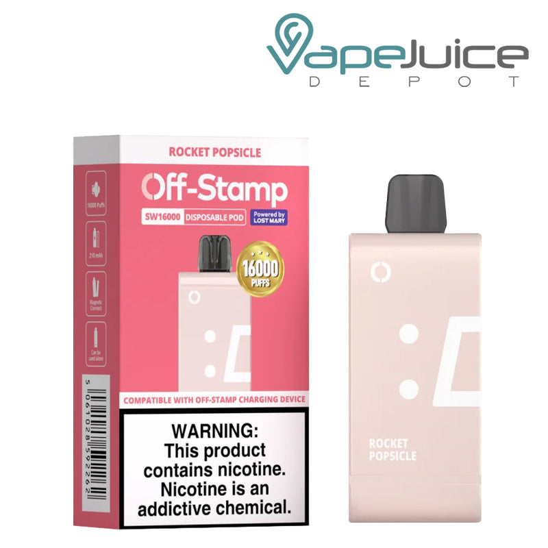 Rocket Popsicle Off Stamp SW16000 Disposable Pod next to its box- Vape Juice Depot