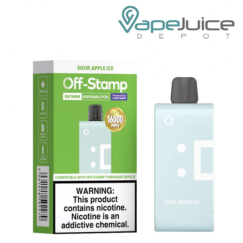 Sour Apple Ice Off Stamp SW16000 Disposable Pod next to its box - Vape Juice Depot