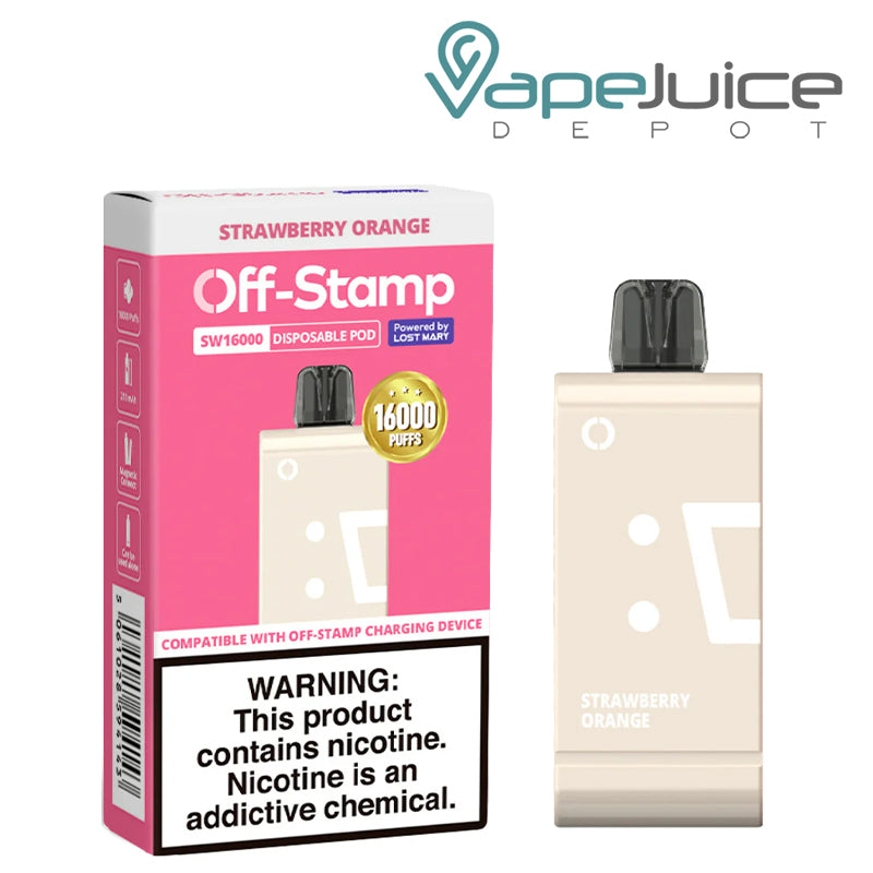 Strawberry Orange Off Stamp SW16000 Disposable Pod next to its box - Vape Juice Depot