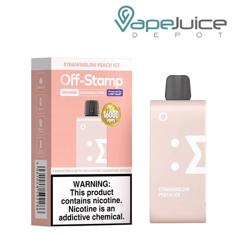 Strawmelon Peach Ice Off Stamp SW16000 Disposable Pod next to its box - Vape Juice Depot