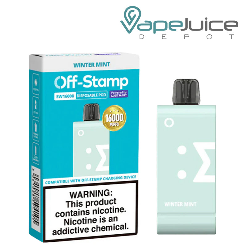 Winter Mint Off Stamp SW16000 Disposable Pod next to its box - Vape Juice Depot