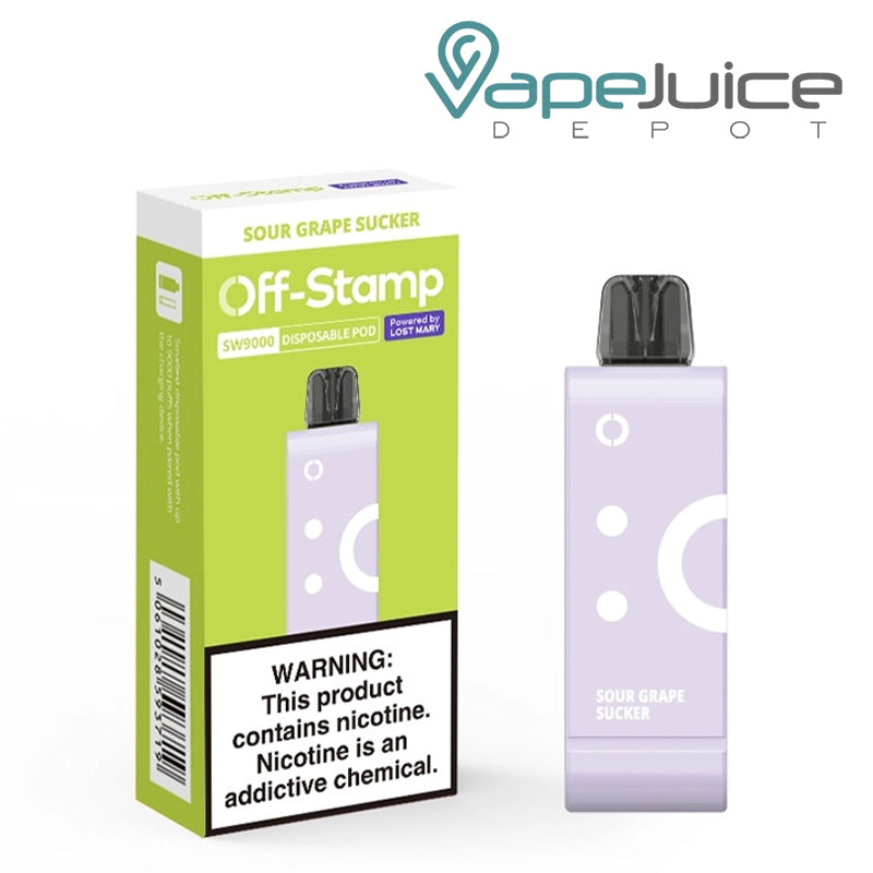 A Box of Grape Sucker Banana Off Stamp SW9000 box with a warning sign next to a Disposable Pod - Vape Juice Depot