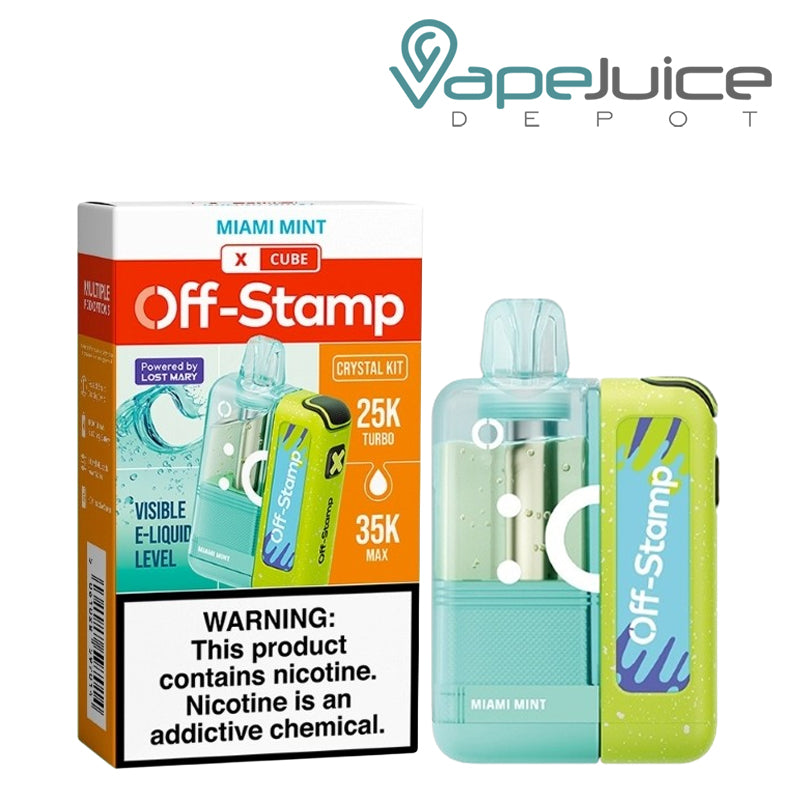 A Miami Mint Off-Stamp X Crystal Cube 35K Disposable Kit with a visible e-liquid window, side airflow design, and matching box packaging with nicotine warning – Vape Juice Depot