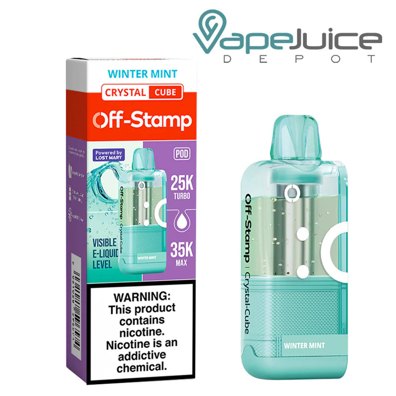 A Box of Winter Mint Off Stamp X Crystal Cube 35K Disposable Pod with a warning sign and a pod next to it - Vape Juice Depot