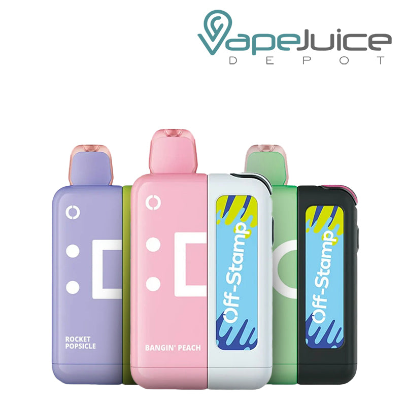 Three flavors of Off Stamp X Cube 25000 Disposable Kit next to each other - Vape Juice Depot