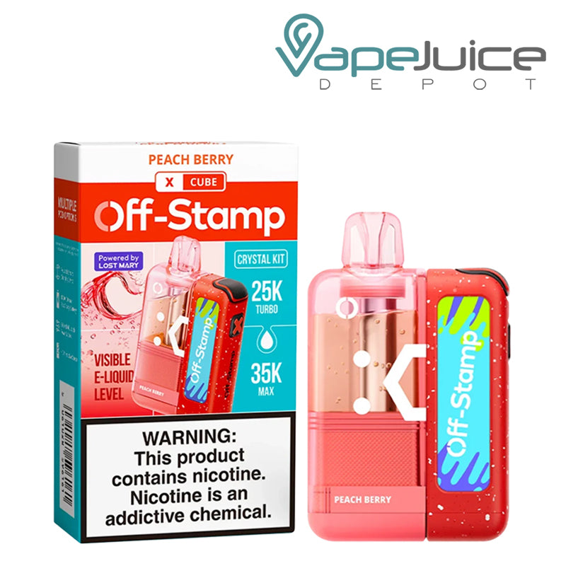 Peach Berry Off-Stamp X Cube Crystal Kit disposable vape with red device and packaging displayed on a clean white background.