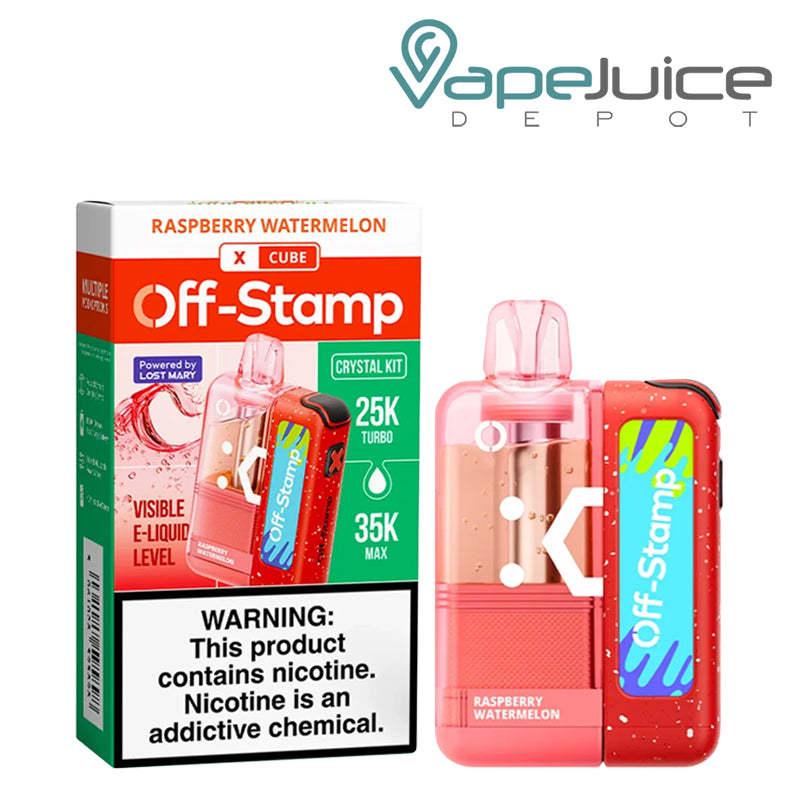 Raspberry Watermelon Off-Stamp X Cube Crystal Kit disposable vape with red device and box shown on a clean white background.