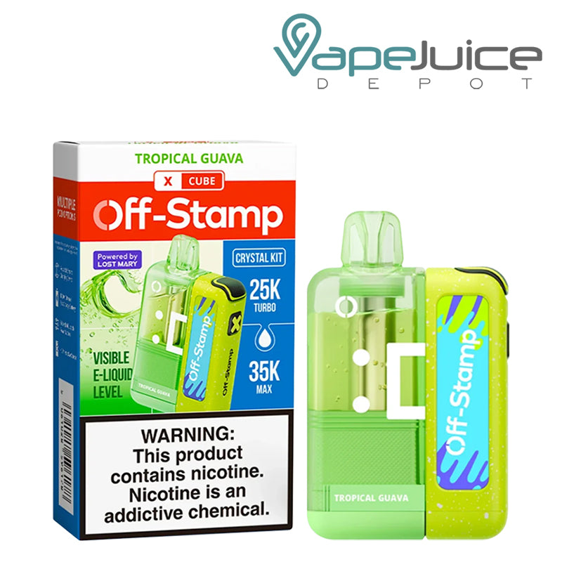 Tropical Guava Off-Stamp X Cube Crystal Kit disposable vape with green device and packaging displayed on a clean white background.