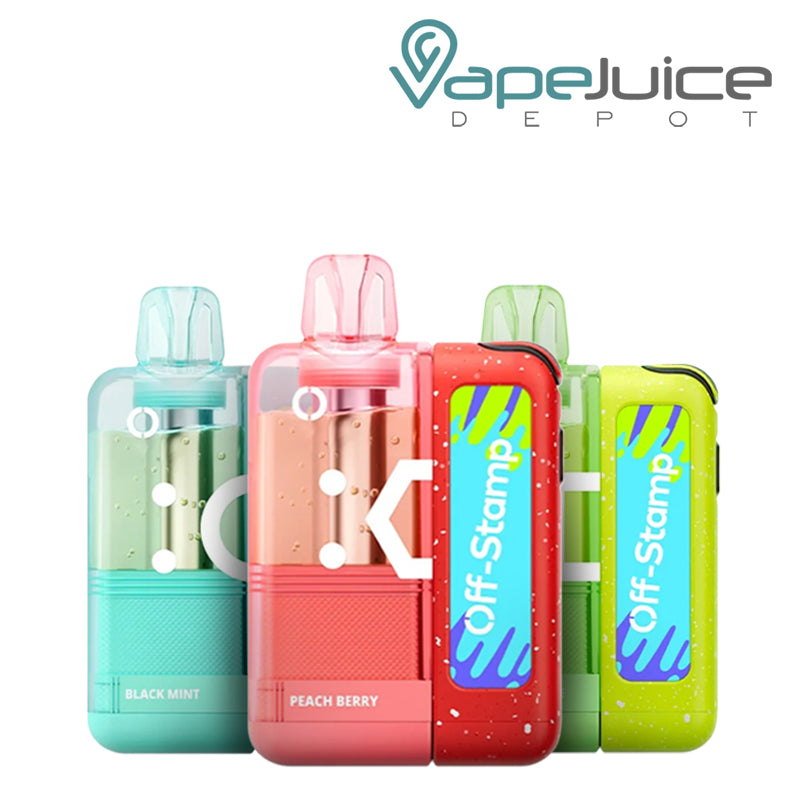 A disposable vape kit with Off Stamp X Cube Crystal 35K devices in assorted flavors - Black Mint, Peach Berry, Tropical Guava.