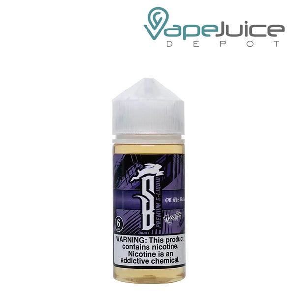 A 100ml bottle of Off The Rails Suicide Bunny TFN eLiquid with a warning sign - Vape Juice Depot