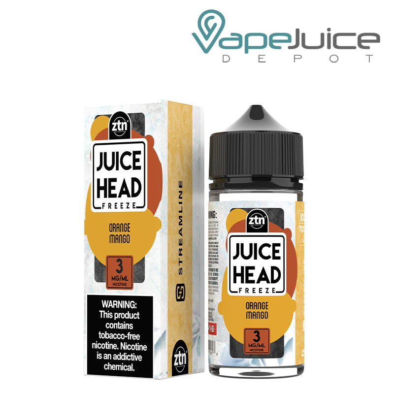 A box of 3mg Orange Mango Freeze ZTN Juice Head with a warning sign and a 100ml bottle next to it - Vape Juice Depot