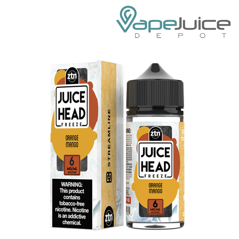 A box of 6mg Orange Mango Freeze ZTN Juice Head with a warning sign and a 100ml bottle next to it - Vape Juice Depot