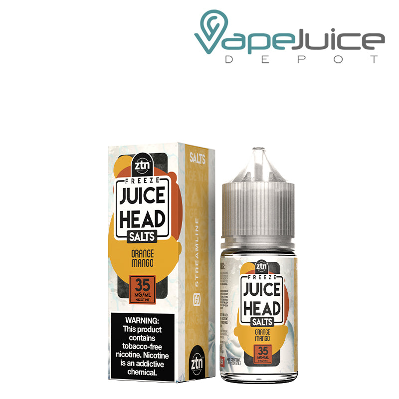 A Box of 35mg Orange Mango Freeze ZTN Salts Juice Head with a warning sign and a 30ml bottle next to it - Vape Juice Depot