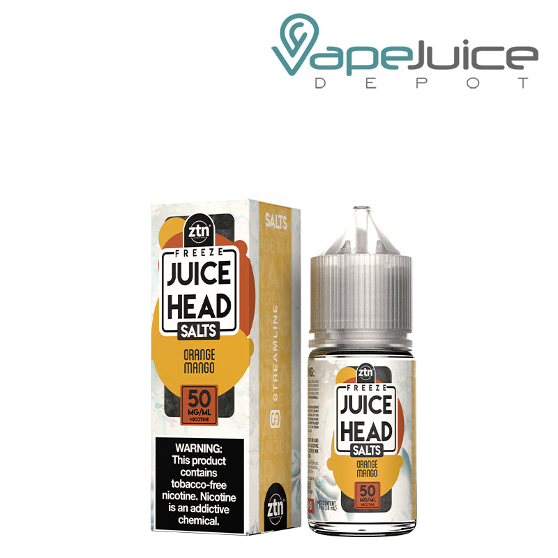 A Box of 50mg Orange Mango Freeze ZTN Salts Juice Head with a warning sign and a 30ml bottle next to it - Vape Juice Depot