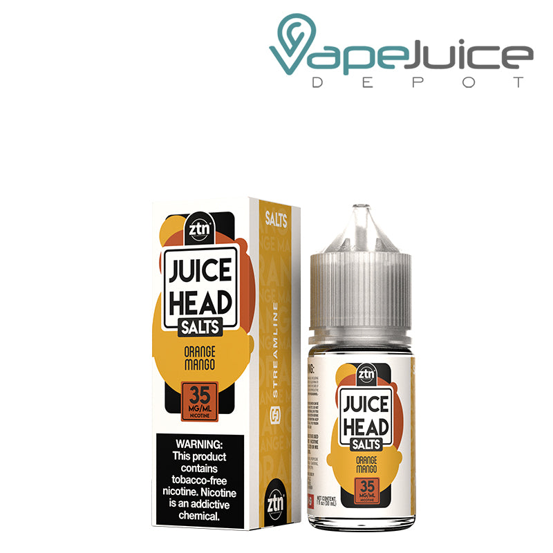 A Box of 35mg Orange Mango ZTN Salts Juice Head with a warning sign and a 30ml bottle next to it - Vape Juice Depot