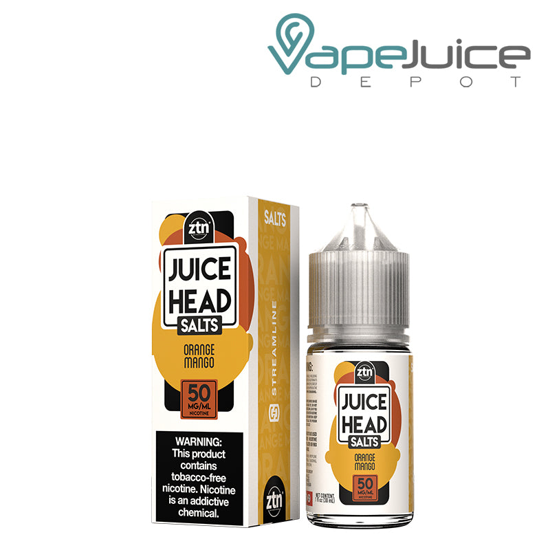 A Box of 50mg Orange Mango ZTN Salts Juice Head with a warning sign and a 30ml bottle next to it - Vape Juice Depot