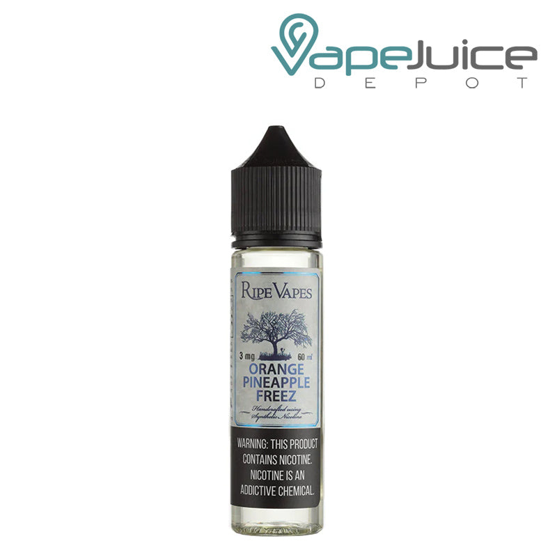 A 60ml bottle of Orange Pineapple Freez Ripe Vapes with a warning sign - Vape Juice Depot