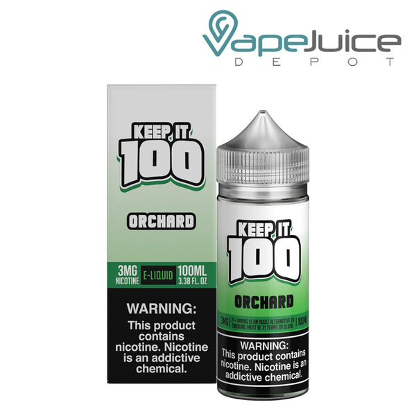 A box of Orchard (OG Orchard) Keep It 100 TFN eLiquid with a warning sign and a 100ml bottle next to it - Vape Juice Depot