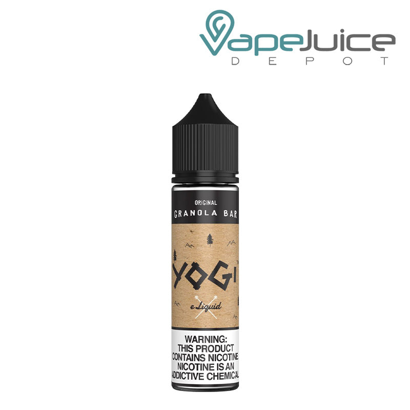 A bottle of Original Granola Bar YOGI eLiquid 60ml with a warning sign - Vape Juice Depot