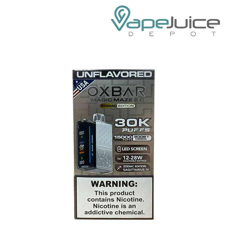 A Box of OXBAR x Pod Juice Magic Maze 2.0 30K Unflavored Disposable with a warning sign - Vape Juice Depot