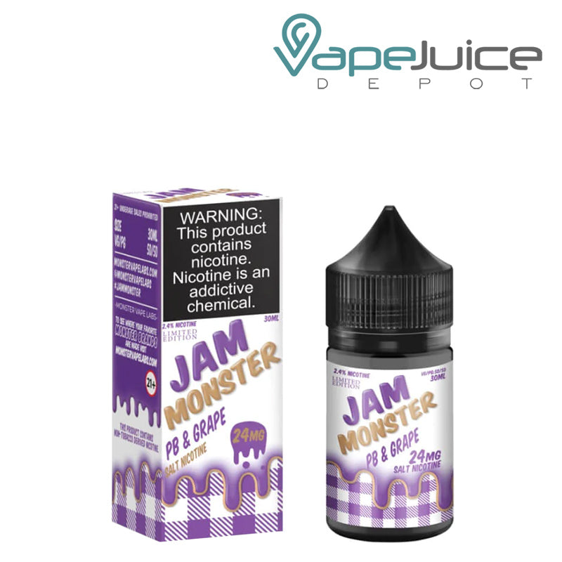 A box of PB & Jam Monster Grape Nicotine Salt with a warning sign and a 30ml bottle next to it - Vape Juice Depot