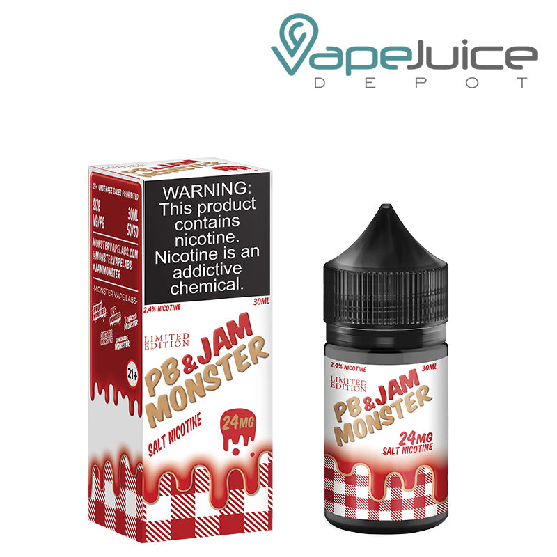 A box of  PB and Jam Monster Strawberry Nicotine Salt with a warning sign and a 30ml bottle next to it - Vape Juice Depot