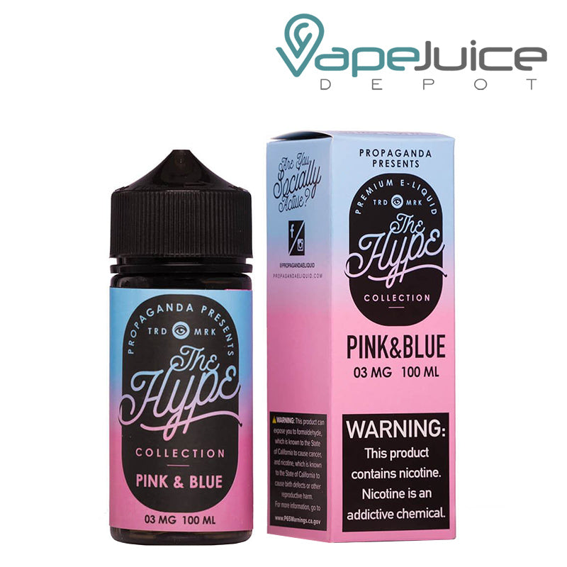 A 100ml bottle of PINK & BLUE Propaganda The Hype eLiquid and a box with a warning sign next to it - Vape Juice Depot