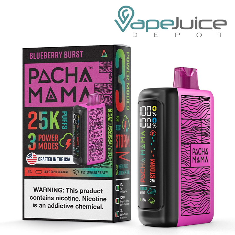A Box of Blueberry Burst Pachamama 25K Disposable with a warning sign and a device with LED screen next to it - Vape Juice Depot 