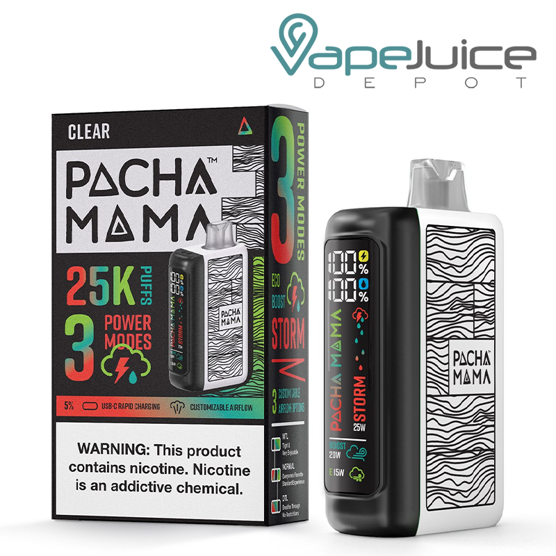 A Box of Clear Pachamama 25K Disposable with a warning sign and a device with LED screen next to it - Vape Juice Depot 