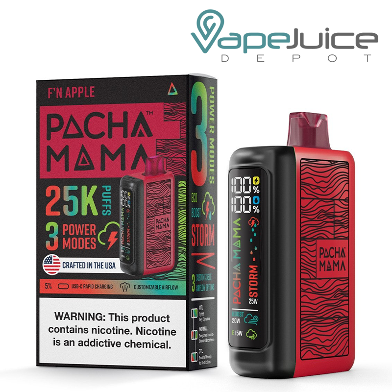 A Box of F'N Apple Pachamama 25K Disposable with a warning sign and a device with LED screen next to it - Vape Juice Depot 