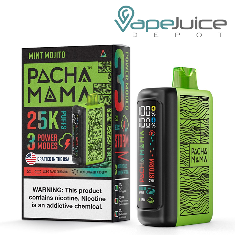 A Box of Mint Mojito Pachamama 25K Disposable with a warning sign and a device with LED screen next to it - Vape Juice Depot 