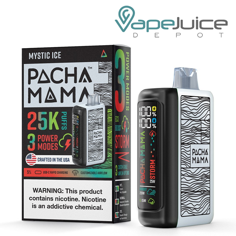 A Box of Mystic Ice Pachamama 25K Disposable with a warning sign and a device with LED screen next to it - Vape Juice Depot 