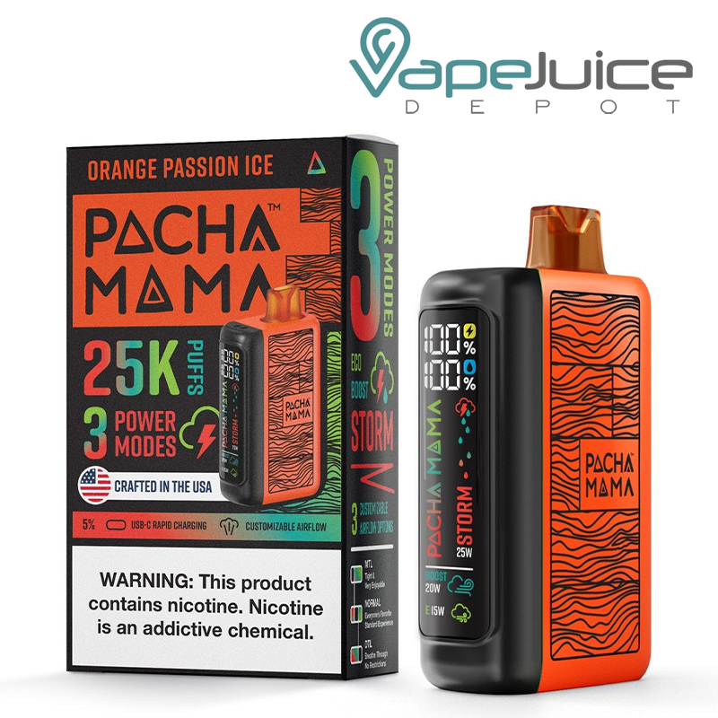 A Box of Orange Passion Ice Pachamama 25K Disposable with a warning sign and a device with LED screen next to it - Vape Juice Depot 