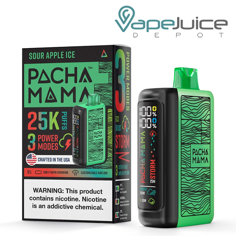 A Box of Sour Apple Ice Pachamama 25K Disposable with a warning sign and a device with LED screen next to it - Vape Juice Depot 