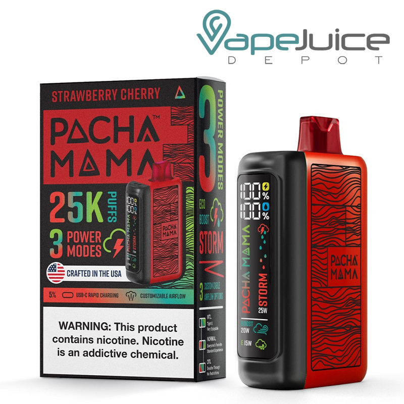 A Box of Strawberry Cherry Pachamama 25K Disposable with a warning sign and a device with LED screen next to it - Vape Juice Depot 