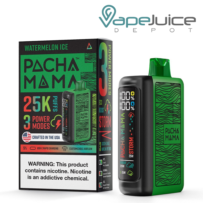 A Box of Watermelon Ice Pachamama 25K Disposable with a warning sign and a device with LED screen next to it - Vape Juice Depot 