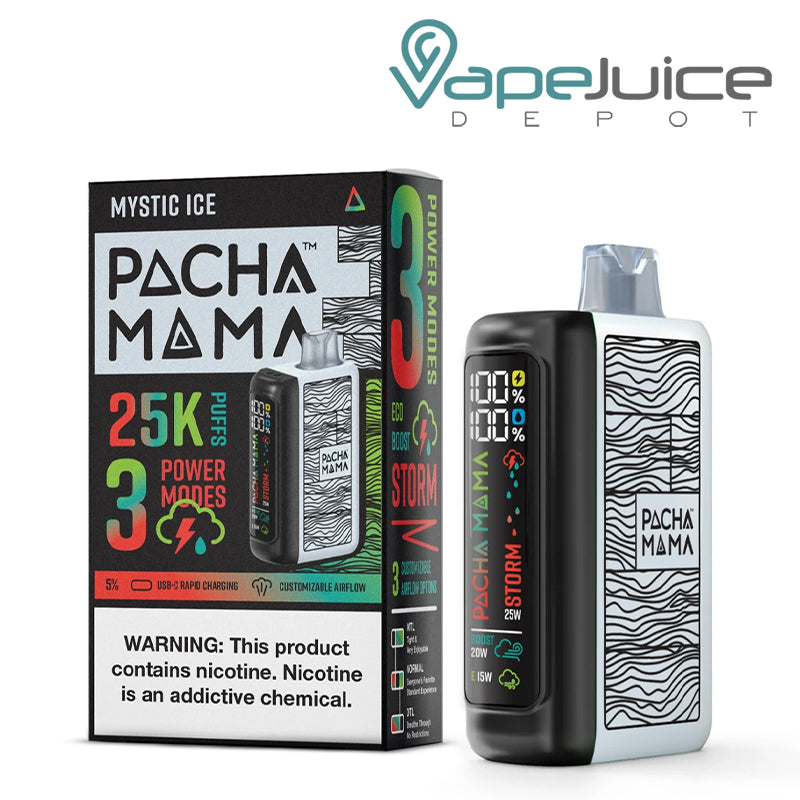 A Box of Pachamama 25K Clear Disposable with a warning sign next to a disposable with its screen - Vape Juice  Depot