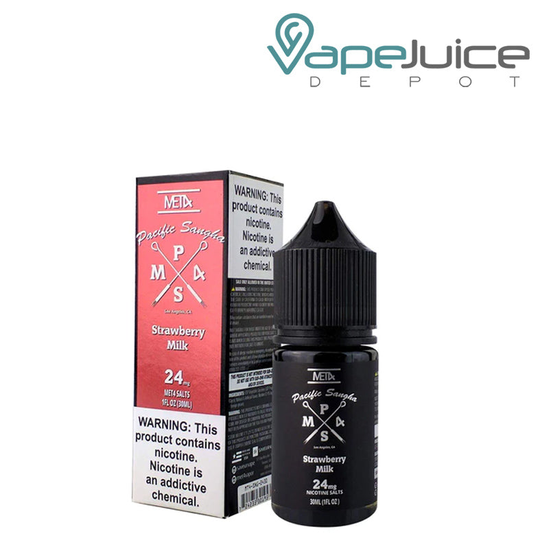 A box of Pacific Sangha Met4 Salts with a warning sign and a 30ml bottle next to it - Vape Juice Depot