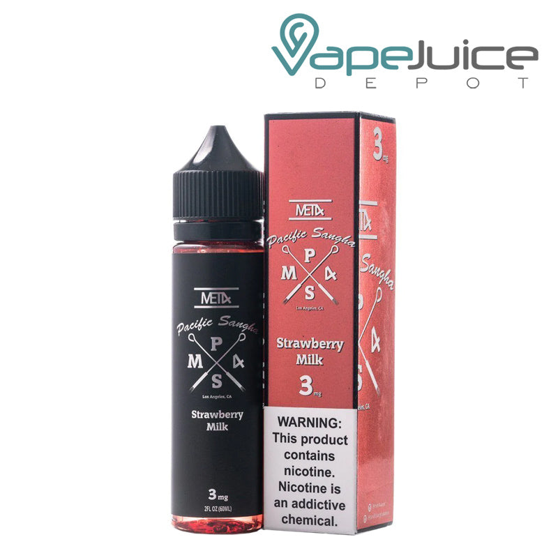 A 60ml bottle of Pacific Sangha Met4 Vapor eLiquid and a box with a warning sign next to it - Vape Juice Depot